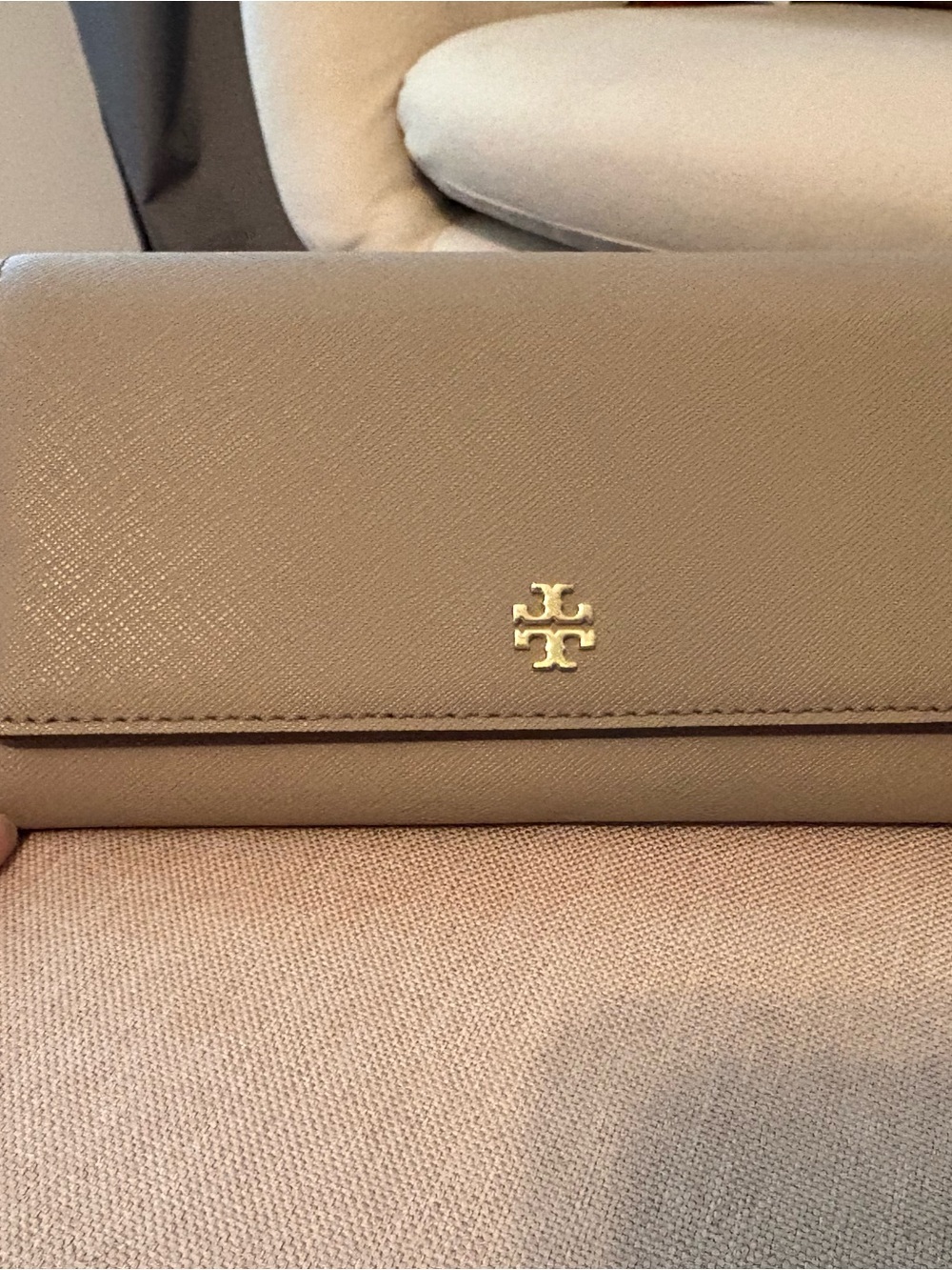 Tory Burch Taupe Saffiano Leather Wallet with Gold Logo
